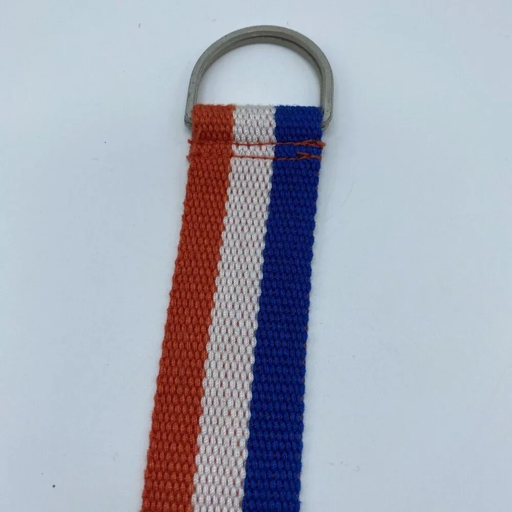 Orange White Blue Striped Woven D Ring Belt Teen's Size XS End to End 26